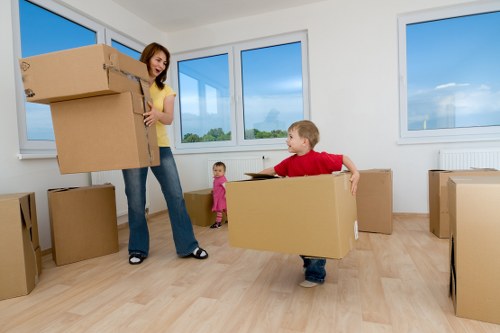 Packed boxes and furniture prepared for temporary storage in Uptonpark